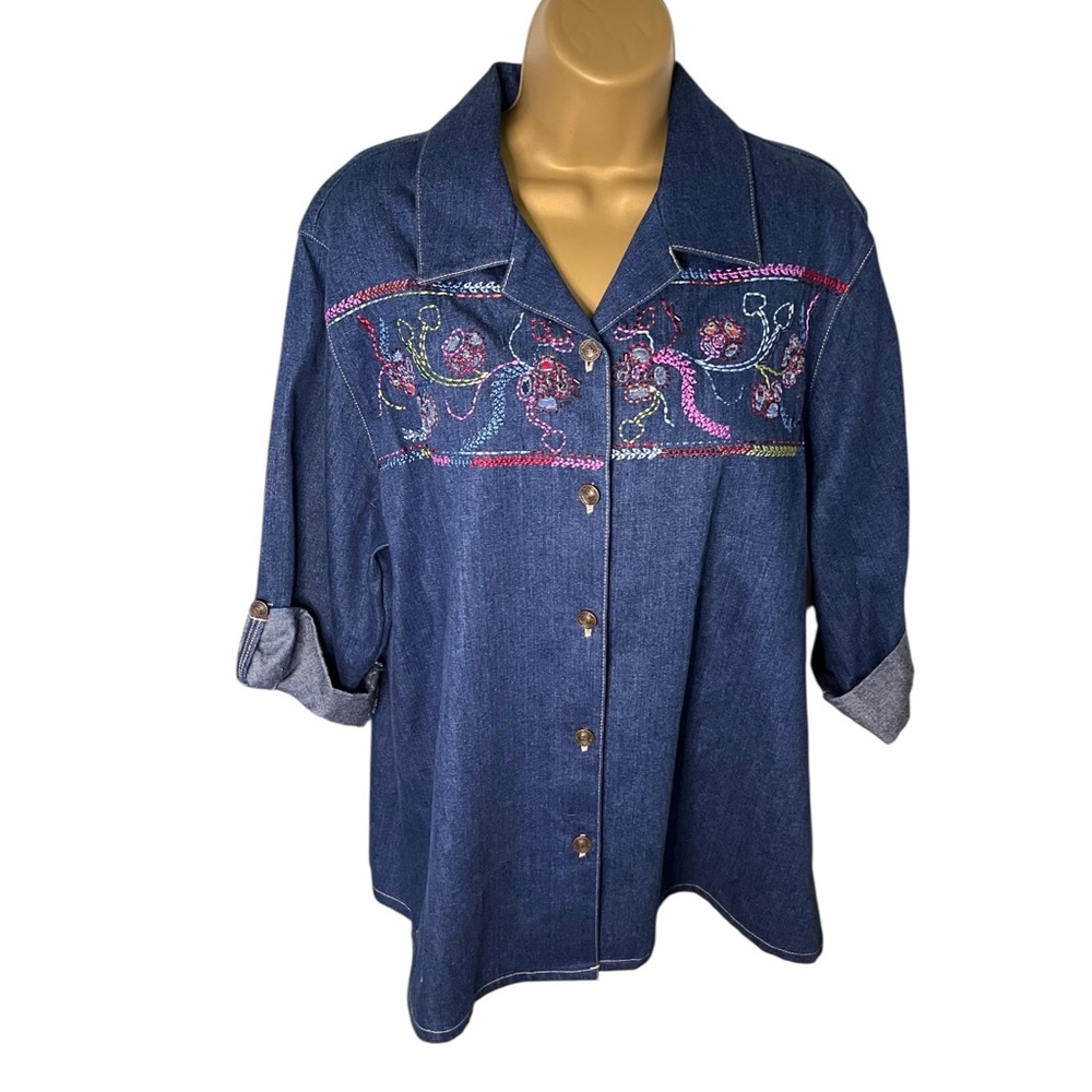 Vintage 90s Napa Valley Embroidered Denim Button Up Shirt Beaded Roll Tab Blue L